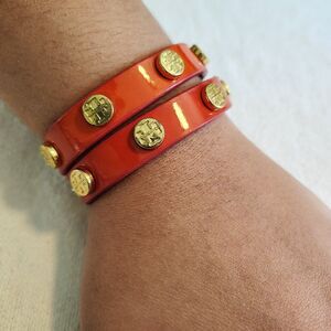 Tory Burch Orange Double Wrap Leather Gold Tone Brass Logo Stud Bracelet